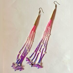 Pink purple beaded strands dangle earrings
